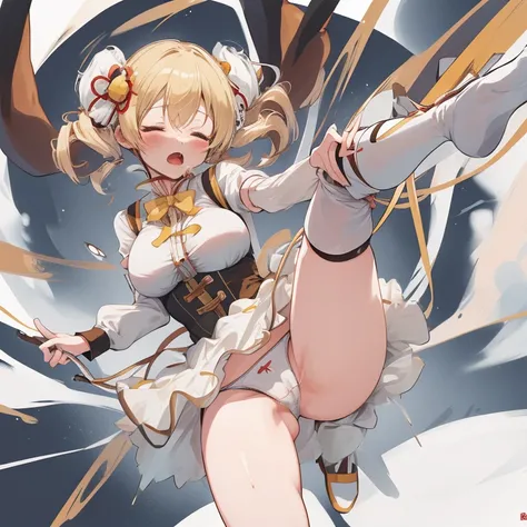 comic, mami tomoe, masterpiece, best quality, highres, big breast, pain, screaming, closed eyes, (torn clothes, white panties:1.2), tentacle leash, outdoor