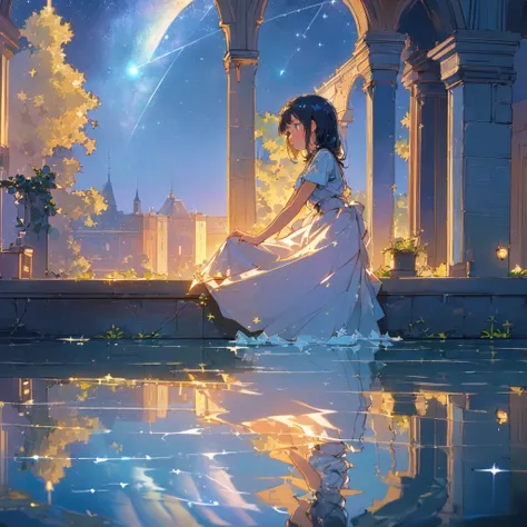 (((masterpiece, highest quality))), (((highest quality))), (((ultra-detailed))), (very delicate and beautiful)), girl praying looking up at the sky, light like in a movie, (((water pooling in an old building, reflecting starry sky))), Milky Way, (fantastic...