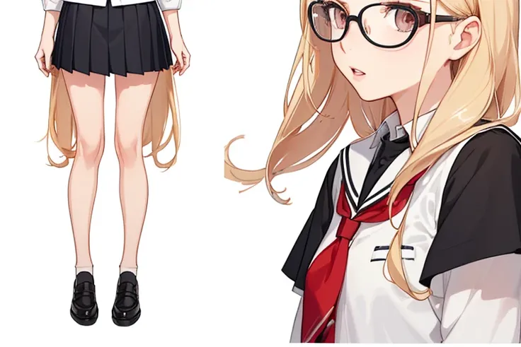 (a girl in school uniform,schoolgirl),black pleated skirt,white blouse,fashionable leather shoes,trendy colors,character design sheet,front view,back view,side view,same character,background is, long golden hair,student,glasses,beautiful blonde hair,(maste...