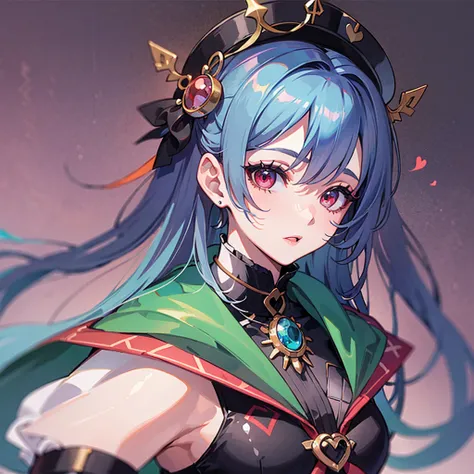 （（（masterpiece、Highest image quality、highest quality、highly detailed unity 8ｋwallpaper）））、（（Illustration of one girl））、（jester）、（（emerald green long straight hair））、（（（Super tall）））、Red eyes、（（（face with white makeup、Blue eyeliner、Makeup with a heart symbo...