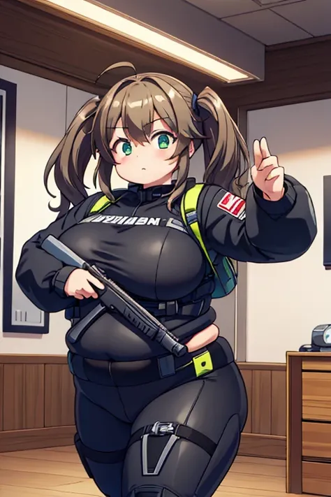 slightly chubby tactical girl, (bodysuit): 1.4, fat rolls, medium length brown hair, (twintails): 1.2, ahoge, solid white bodysu...