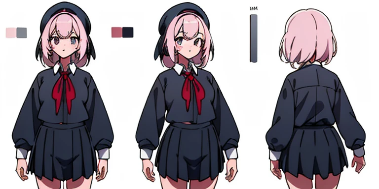 1 Young girls, character table, concept art, whole body, (masterpiece:1.2), (best quality:1.3), 1 girl, permanent, pleatedskirt, black school uniform