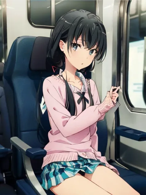 Full body portrait、Secretary Woman、tight mini skirt、Lace panties、Sitting on a train chair、Black hair twintails、ribbon