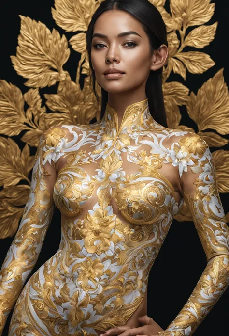 A photorealistic image of a beautiful woman with a colored body and gold-white outline of intricate Thai flowers patterns on her body, upper body, in a studio light with a subtle black background, in 8k resolution and ultra sharp detail.