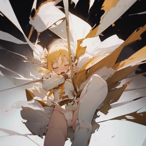 1 girl, mami tomoe, masterpiece, best quality, highres, big breast, pain, screaming, closed eyes, (torn clothes, white panties:1.2), tearing up