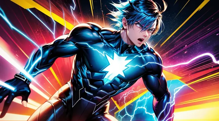 A boy with electric powers, colorful comic book style, lightning bolts, superhero costume, powerful energy, electrifying atmosphere, intense focus, electrifying sparks, dynamic action, intense facial expression, vibrant colors, dramatic lighting, electrify...