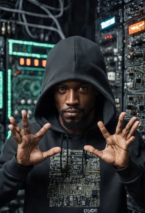 Breathtaking cinematic half body portrait photo of an afro american 30 y.o. trip-hop rap singer male gesticulating with hands and rapping in front of a (futuristic computer circuit board wall), long black rasta hair, mustache and round beard, wearing Hoodi...