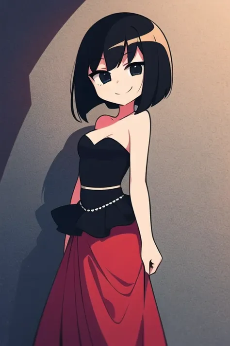 1 girl, Solo, Teenage, Black hair, Short black hair, Medium Hair, Bob Hair, Black eyes, Strapless, Red Flamenco Dress, Off-the-Shoulders dress, Flamenco dancer, Smile, the Mexican city street, Sexy, masterpiece, High quality.