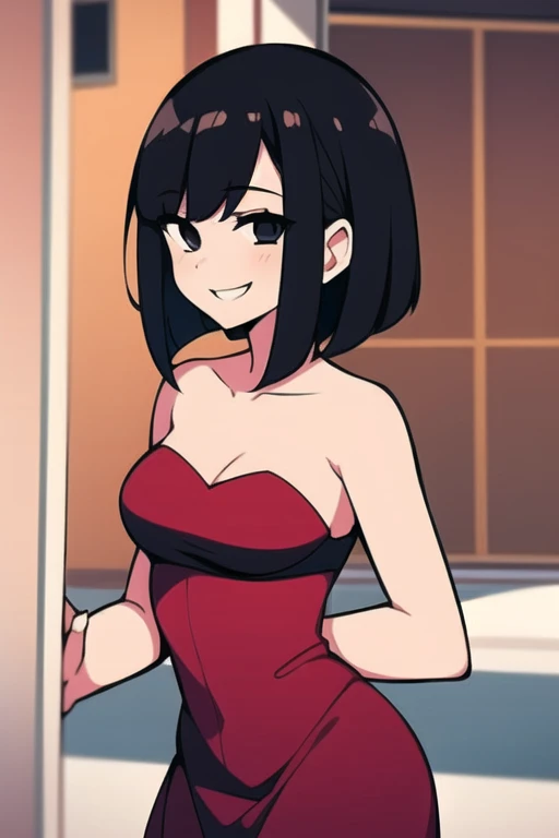 1 girl, Solo, Teenage, Black hair, Short black hair, Medium Hair, Bob Hair, Black eyes, Strapless, Red Flamenco Dress, Off-the-Shoulders dress, Flamenco dancer, Smile, the Mexican city street, Sexy, masterpiece, High quality.