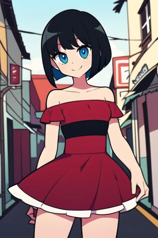 1 girl, Solo, Teenage, Black hair, Short black hair, Medium Hair, Bob Hair, Blue eyes, Strapless, Red Flamenco Dress, Red Ruffle Off-the-Shoulder Top,  Flamenco dancer, Smile, the Mexican city street, Sexy, masterpiece, High quality.