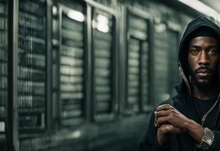 Breathtaking cinematic half body portrait photo of an afro american 30 y.o. trip-hop rap singer male gesticulating with hands and rapping in front of a (futuristic computer circuit board wall), long black rasta hair, mustache and round beard, wearing Hoodi...