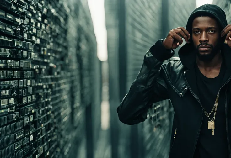 Breathtaking cinematic half body portrait photo of an afro american 30 y.o. trip-hop rap singer male gesticulating with hands and rapping in front of a (futuristic computer circuit board wall), long black rasta hair, mustache and round beard, wearing Hoodi...