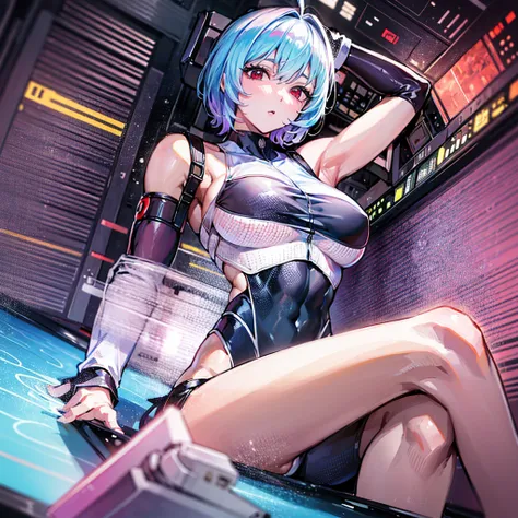 （（（masterpiece、Highest image quality、highest quality、highly detailed unity 8ｋwallpaper）））、（（Illustration of one girl））、（pilot）、（（（blue silver short hair）））、Red eyes、（（tall））、（（（Muscle Girl、Muscular and strong body、abs、muscular and thick arms、muscular and t...