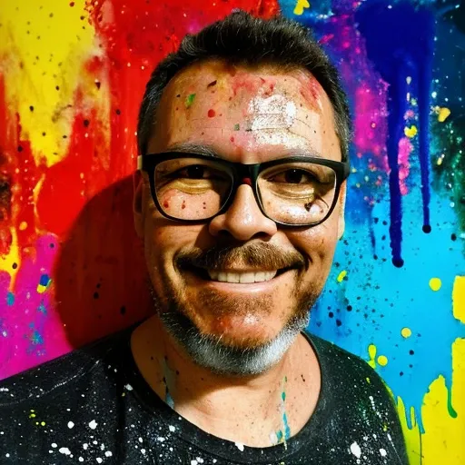 Portrait of a 48-year-old man wearing glasses, his face covered in colorful paint splatters. His clothing is also stained with colorful paint. The background features a wall with splash-style paint splatters. Realistic and detailed photography. Chiaroscuro...