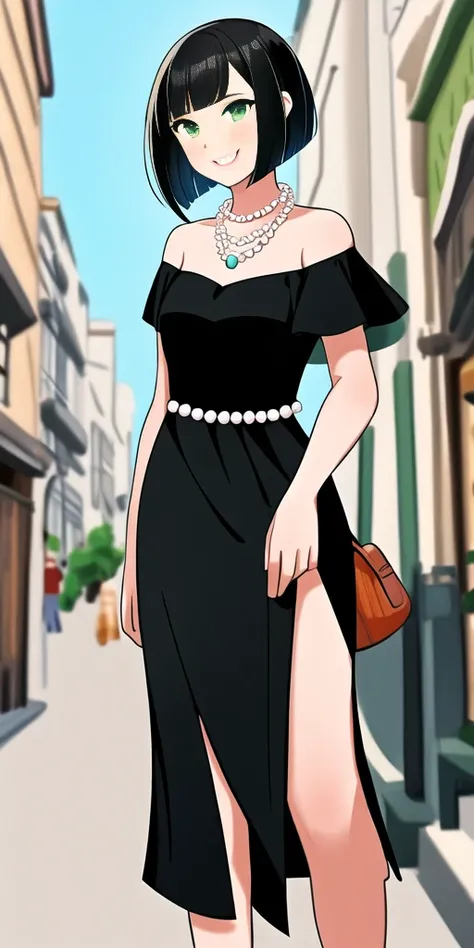 1 girl, Solo, Teenage, Black hair, Short black hair, Medium Hair, Bob Hair, Green eyes, Strapless, Little Black Dress, Off-the-Shoulders dress, pearl necklace, Smile, the Mexican city street, Sexy, masterpiece, High quality.