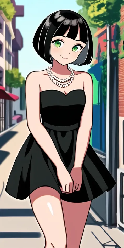 1 girl, Solo, Teenage, Black hair, Short black hair, Medium Hair, Bob Hair, Green eyes, Strapless, Little Black Dress, Off-the-Shoulders dress, pearl necklace, Smile, the Mexican city street, Sexy, masterpiece, High quality.