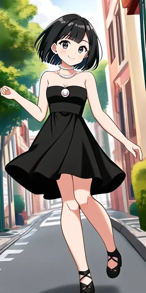 1 girl, Solo, Teenage, Black hair, Short black hair, Medium Hair, Bob Hair, Black eyes, Strapless, Little Black Dress, Off-the-Shoulders dress, pearl necklace, Smile, the Mexican city street, Sexy, masterpiece, High quality.