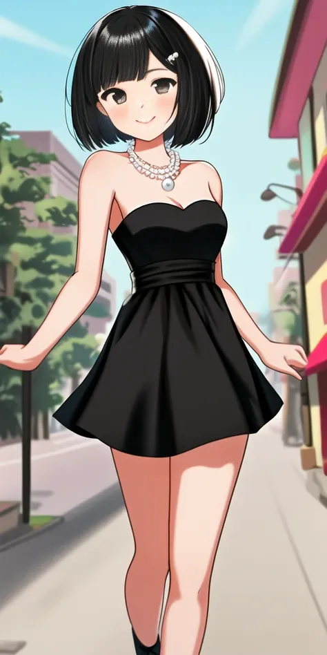 1 girl, Solo, Teenage, Black hair, Short black hair, Medium Hair, Bob Hair, Black eyes, Strapless, Little Black Dress, Off-the-Shoulders dress, pearl necklace, Smile, the Mexican city street, Sexy, masterpiece, High quality.