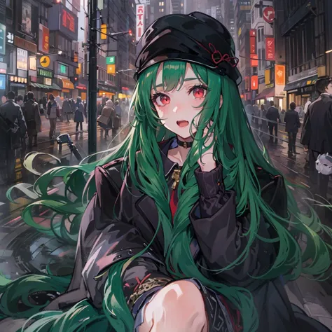 （（（masterpiece、Highest image quality、highest quality、highly detailed unity 8ｋwallpaper）））、（（Illustration of one girl））、（（emerald green long straight hair））、（（（Super tall）））、Red eyes、（（tuxedo、silk hat、cloaks））、（（morning、street corner））