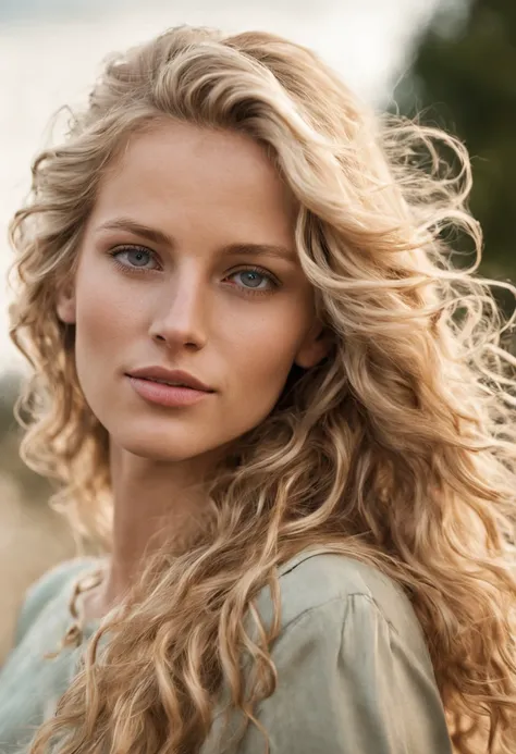 3/4 face portrait photo of a beautiful 25 years old caucasian woman, (extra long wavy blonde hair blown in the wind), outside, Award - winning photograph, Masterpiece, 8k, ultra high res, hyper detailed, perfect flawless face, rule of thirds, Realistic Per...