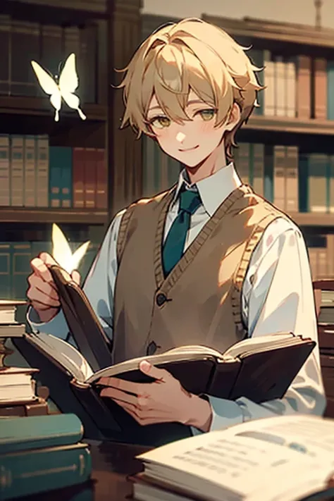 Beige hair, parted white eyes, white cutter shirt, brown vest, green loop tie, neatly tied hair, drinking tea, very large library, man reading a book, butterfly boy, smiling.