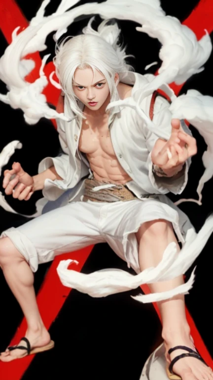 Masterpiece ,best quality,luffy gear 5,white hair,white clothes,white pants, white clouds, super details,realistic