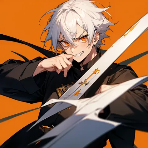 1boy, white hair, orange eyes, annoyed face, wearing black uniform, grin