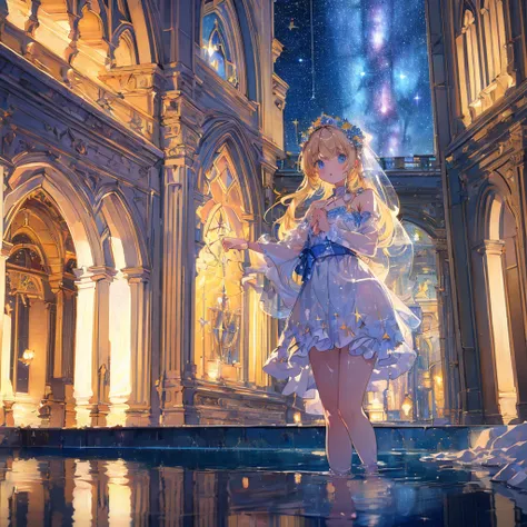 (((masterpiece, highest quality))), (((highest quality))), (((ultra-detailed))), (very delicate and beautiful)), praying girl, cinematic light, (((water pooling in old building, reflecting starry sky))), Milky Way, (fantastic)), hanging ivy, summer, moon 