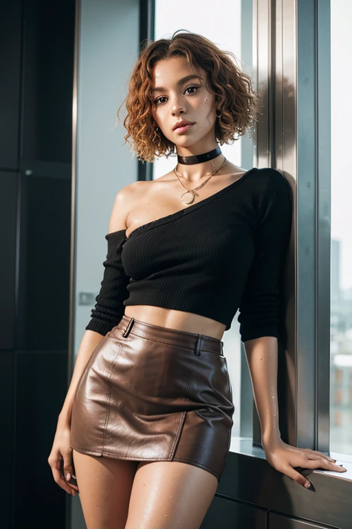 black woman, brown eyes, Age 17 years, mini skirt、knee high、23-year-old girl, big breasts、alone, Red-haired shorthair, , view viewer, blonde hair, shoulder, brown eyes, gem, full body lesbian, choker necklace, Business suits、 Open, Actual, nose, Flirting w...