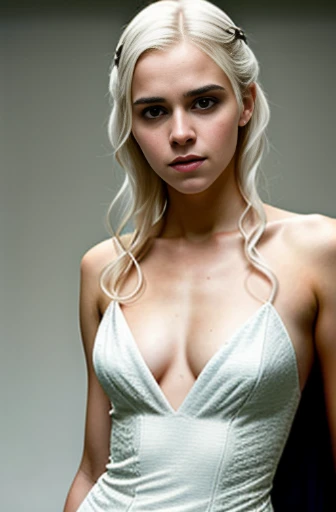 photo mid shot solo portrait of [Emma Watson] as [daenerys targaryen] as a real-life version of (daenerys targaryen), white targaryen hair, with (sexy white dress), (sexy neckline), charming smile, by Hubert Robert and Alex Timmermans ultra realistic highl...