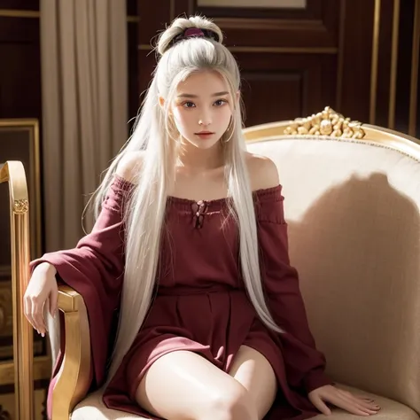 A beautiful 15 years old empress with a slightly mature figure sitting on a chair, her long white hair tied to a bun 