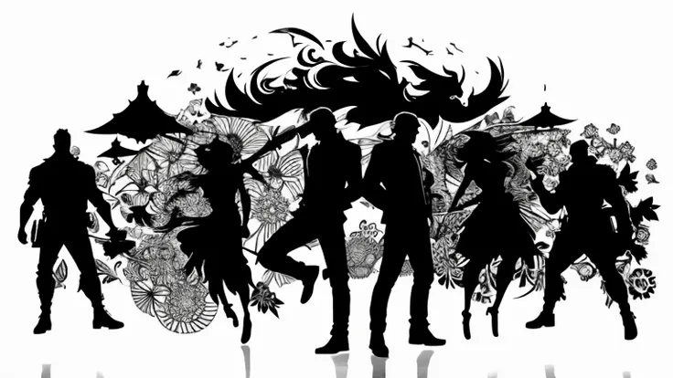 (Best Quality, 4K, 8K, High Resolution, Masterpiece: 1. 2), Ultra-detailed, creative, diverse silhouette art scenes, a variety of intricate silhouette characters, detailed scene setups, stylized characters, dynamic poses and actions, rich emotions, stark c...