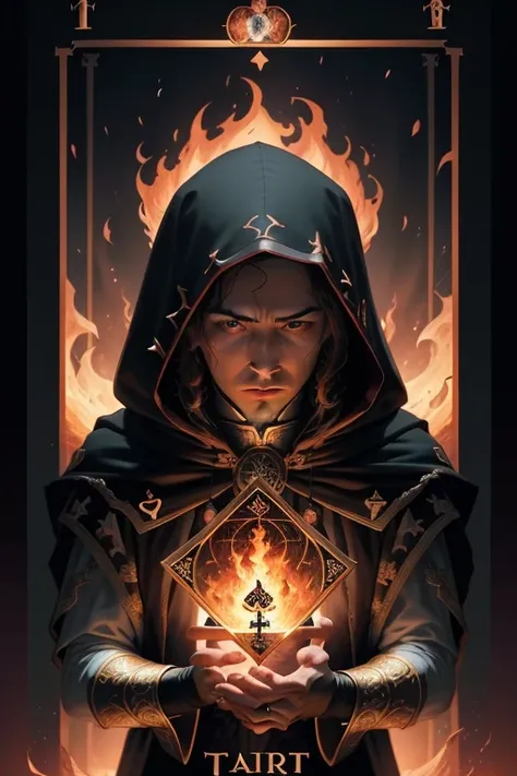 photo, portrait, floating god on fire, hooded, A prince cursed by the void, cinematic lighting, detailed background, centered, stylized, insanely detailed, high definition, concept art, digital art, vibrant, ((((tarot))),(((beautiful border))), rich colors...