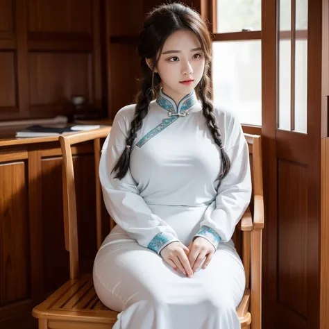 A beautiful 15 years old empress with a slightly mature figure sitting on a chair, her long white hair tied into braids, shes wearing a cheongsam dress that could barely hide her curvaceous figure. Full body view