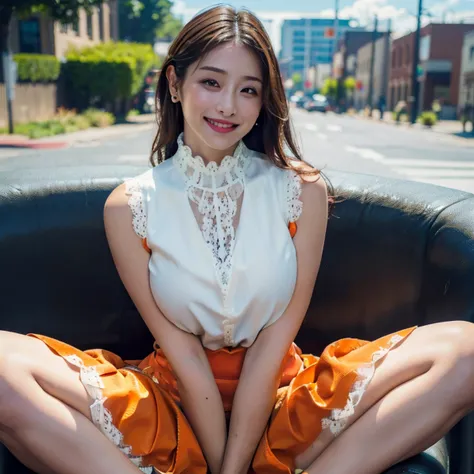 a woman posing on the Street style corner with light orange dress on, best quality, High resolution, 8K, 1 girl, (huge breasts), Day, Bright, outdoors, (Street style:0.8), (people々, people混み:1), (dress trimmed with lace:1.5, light orange clothes:1.5, orang...