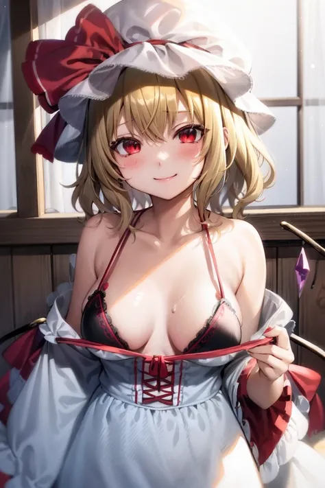 masutepiece, Best Quality, 1girl in,Flandre Scarlet,Blonde side ponytail、Im wearing a white mob hat、It has colorful feathers、RED dress、Undressing、red blush、ＨCup Breast、red blush、a smile、Enchanted Girl、teats