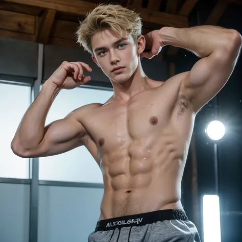 (Photottristic: 1.2, Best Quality, 8k, Sensuality: 1.3, Wet), (Man, Solo, Ukrainian, Dynamic Angle), 20 years old, Actor, Blonde, Bodybuilder, (sweat, wet), Fine skin, (movie lighting), Boxer shorts, Yukata, Soft light, Arm hair, Chest hair, Armpit hair ， ...