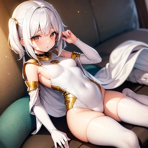 13 year old girl. White hair with twin tails. Golden eyes. White skin. Petite. Gold cloak over white one piece 