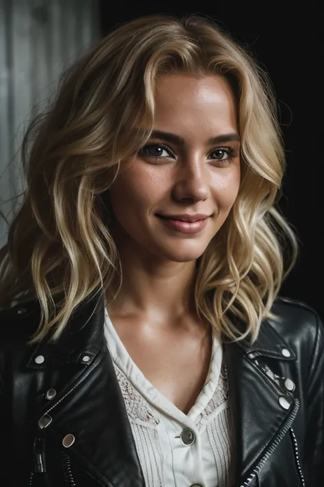 (close-up, editorial photography of a 30-year-old woman), (highly detailed face: 1.4) (smile: 0.7) (background inside a dark and moody private studio: 1.OV, by Lee Jeffries, Nikon D850, film photography, 4 kodak portra 400, f1.6 camera lens, rich colors, h...