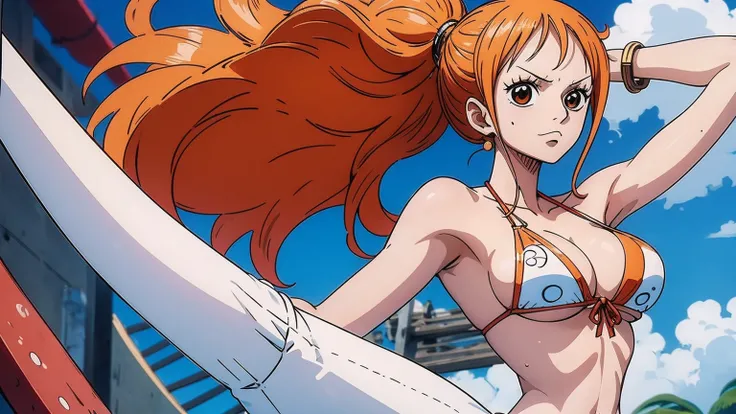 wears a bikini top and super red miniskirt, nami one piece de uma peca, uma pessoa por imagem , uma obra-prima , Retrato bonito de Nami, nami from one piece,Nami em super minissaia vermelha, arte de anime digital detalhada, Cute Exirobat showing white pant...