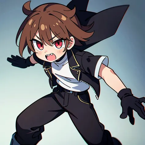 Semi demon boy with red eyes sharp teeth brown hair that wears white shirt, leather jacket black pants and black gloves