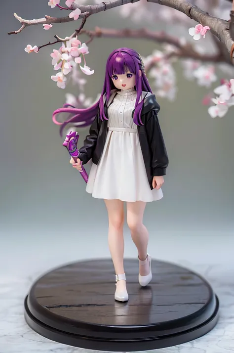 1 girl、(body floating)、anatomically accurate body shape、full body description、slim、accurate line of sight、blue eyes、smile、purple hair、long hair、white dress、hold a wooden cane ring、magic wands、flight、Inside the hobby shop、Exhibition hall、Hobby Show、Trapped ...