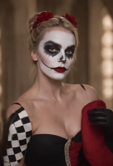 Margot Robbie with white face paint, red lipstick in a red and black harlequin outfit