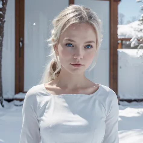 A serene Nordic maiden, her porcelain-like skin contrasting against the pristine white snow.