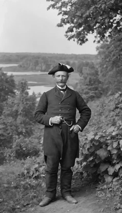 B&W (Person) Portrait of His Grace Duke Robert River Raisin Sherwood III presides over the verdant Garden of Michigan beltway croplands encompassing vineyards, peach orchards, walnut groves and thriving sheep wool production operations funneling valuable c...