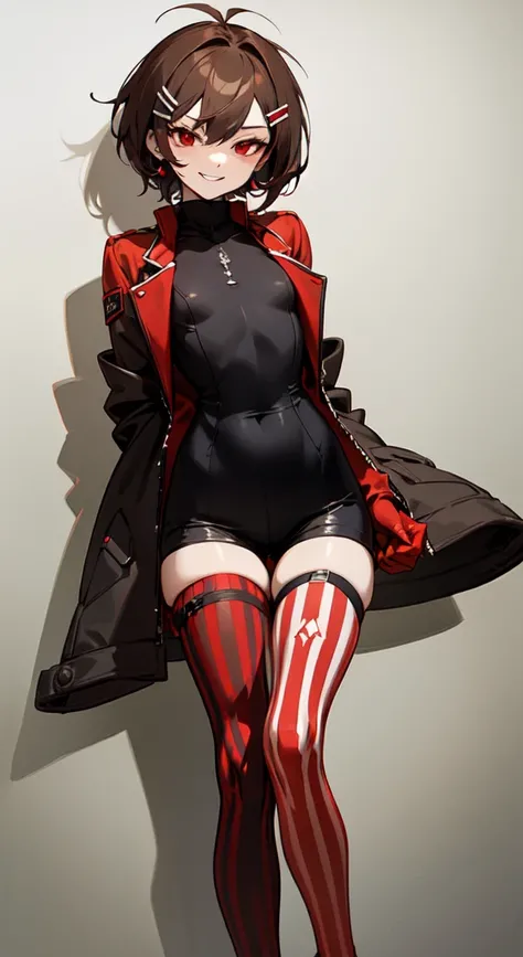 (masterpiece, sidelighting, finely detailed red eyes: 1.2), ((best quality)), ((masterpiece)), (highly detailed:1.3), anime, young girl, small chest, childish body, bodytight shirt, turtleneck, open jacket with long sleeves, body tight shorts, pale skin, (...