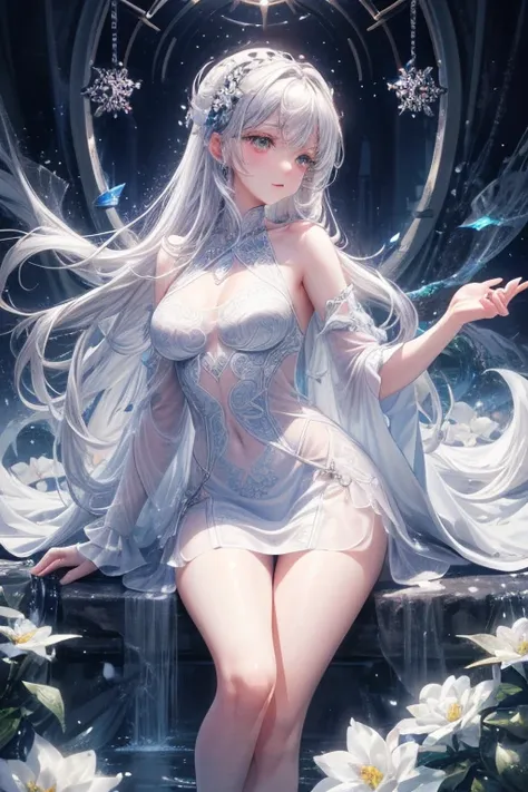 Paradise in Heaven, White lighting,(muste piece), (best quality), (cinematic), 8K, (art station), Li Yue painting style.(長いwhite hairとSilvery eyesを持つ1人の女), (Beautiful delicate face)、[ Particle Lou Full Moon] [Frozen trees々] [landscape crystal] [great writi...