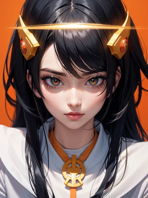 black hair, icon, anime style, masterpiece, extremely detailed, symmetrical, UHD, ultra high resolution, orange halo, white background, realistic, 8k