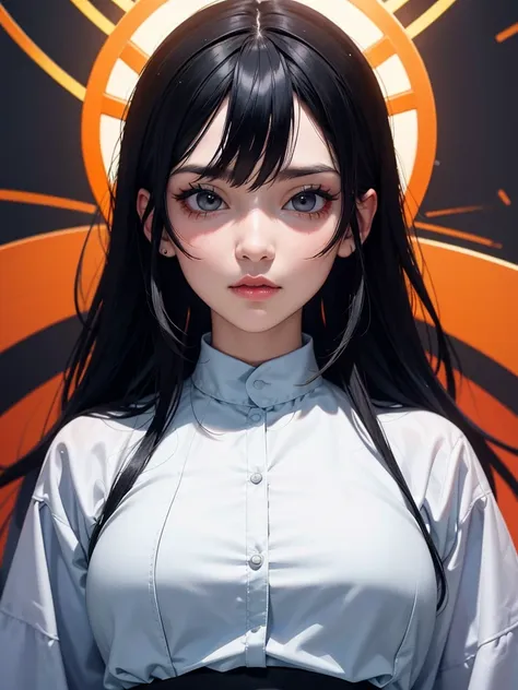 black hair, icon, anime style, masterpiece, extremely detailed, symmetrical, uhd, ultra high resolution, orange halo, white back...