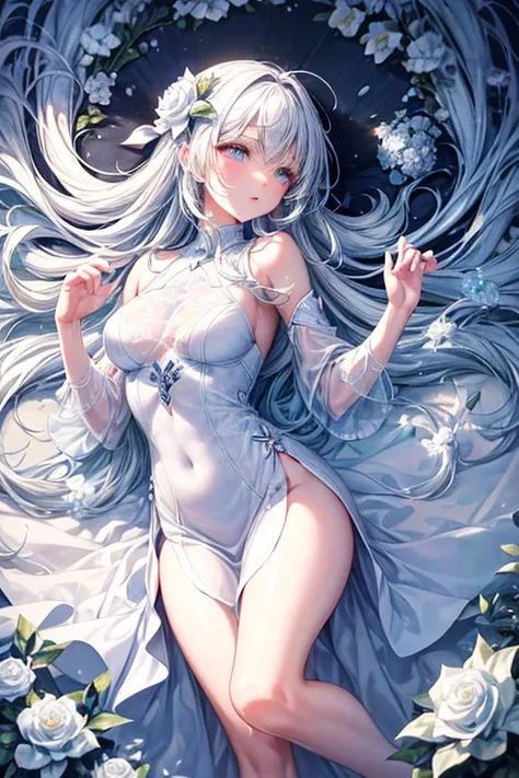 Paradise in Heaven, White lighting,(muste piece), (best quality), (cinematic), 8K, (art station), Li Yue painting style.(長いwhite hairとSilvery eyesを持つ1人の女), (Beautiful delicate face)、[ Particle Lou Full Moon] [Frozen trees々] [landscape crystal] [great writi...